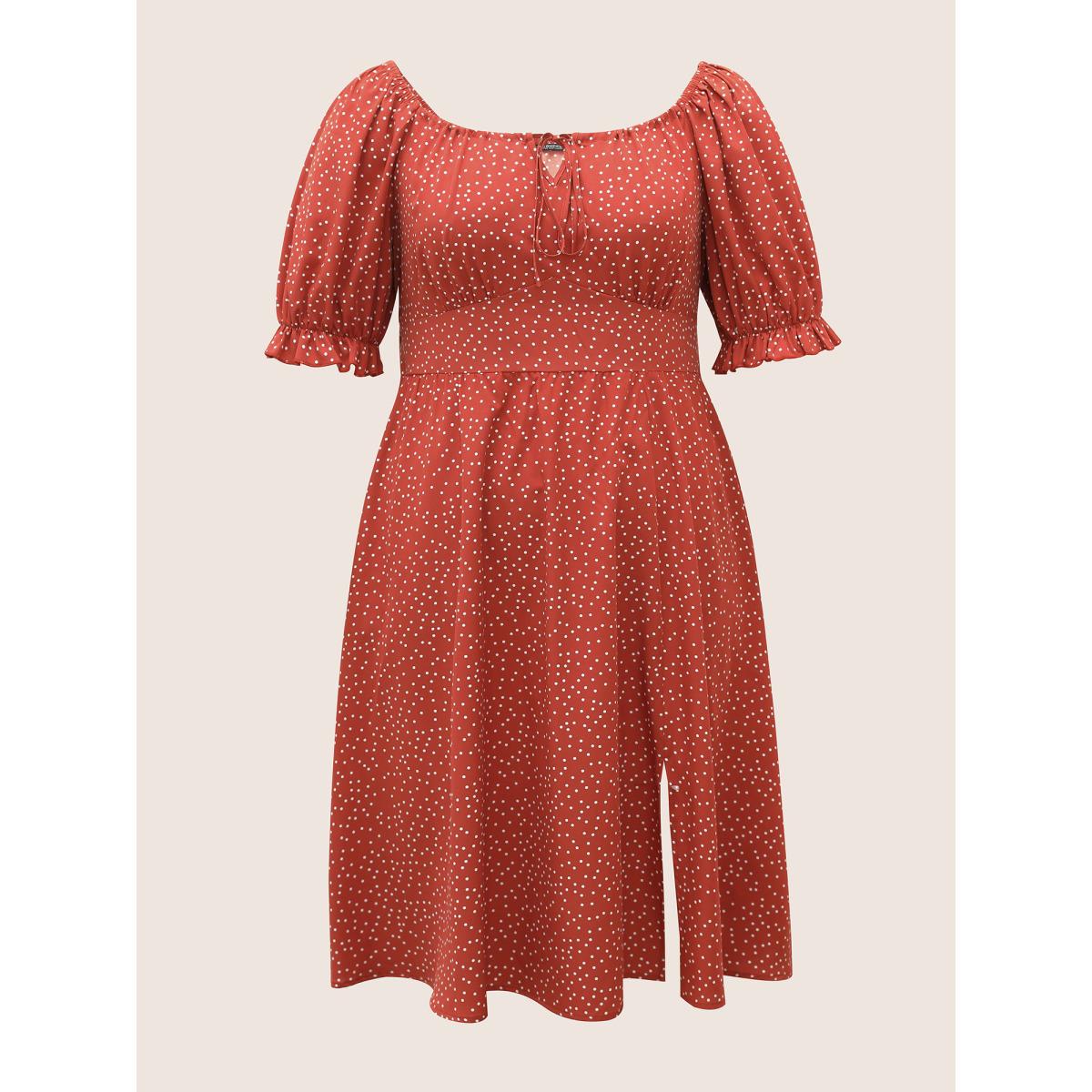 Plus Size Polka Dot Ties Lantern Sleeve Gathered Dress Rust Women Elegant Non Square Neck Short sleeve Curvy Midi Dress BloomChic 30/6X Product Image