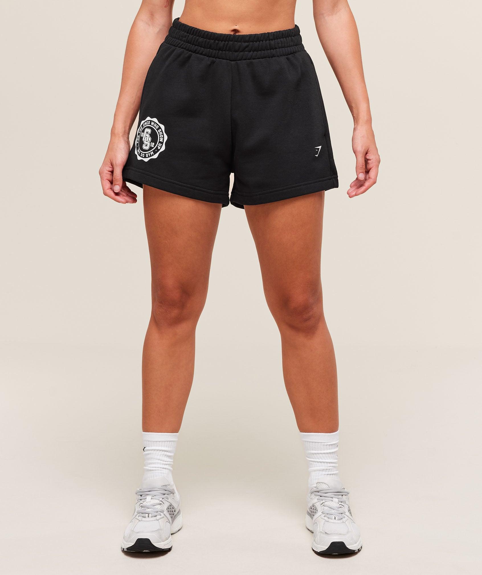 Gymshark Collegiate Graphic Fleece Shorts - Black Female Product Image