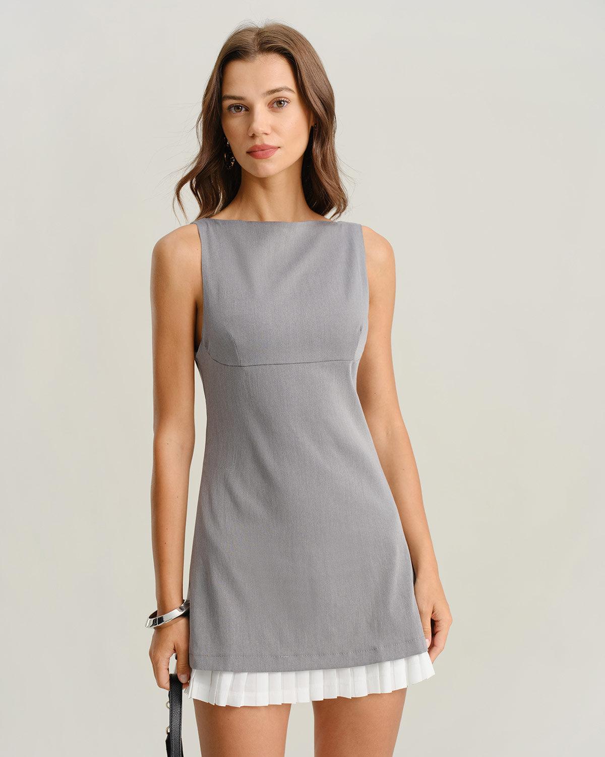 Grey Contrast Boat Neck Sleeveless Mini Dress Product Image