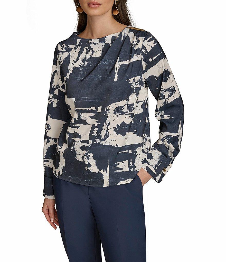 Donna Karan Gold Hardware Shoulder Crew Neck Long Sleeve Top Product Image