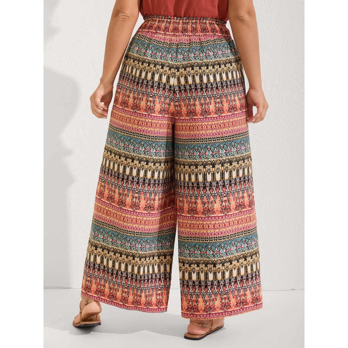 Plus Size Boho Stripes Wide-Leg Shirred Pants Women Multicolor Beach Wide Leg Mid Rise Vacation Pants BloomChic 26/4X Product Image