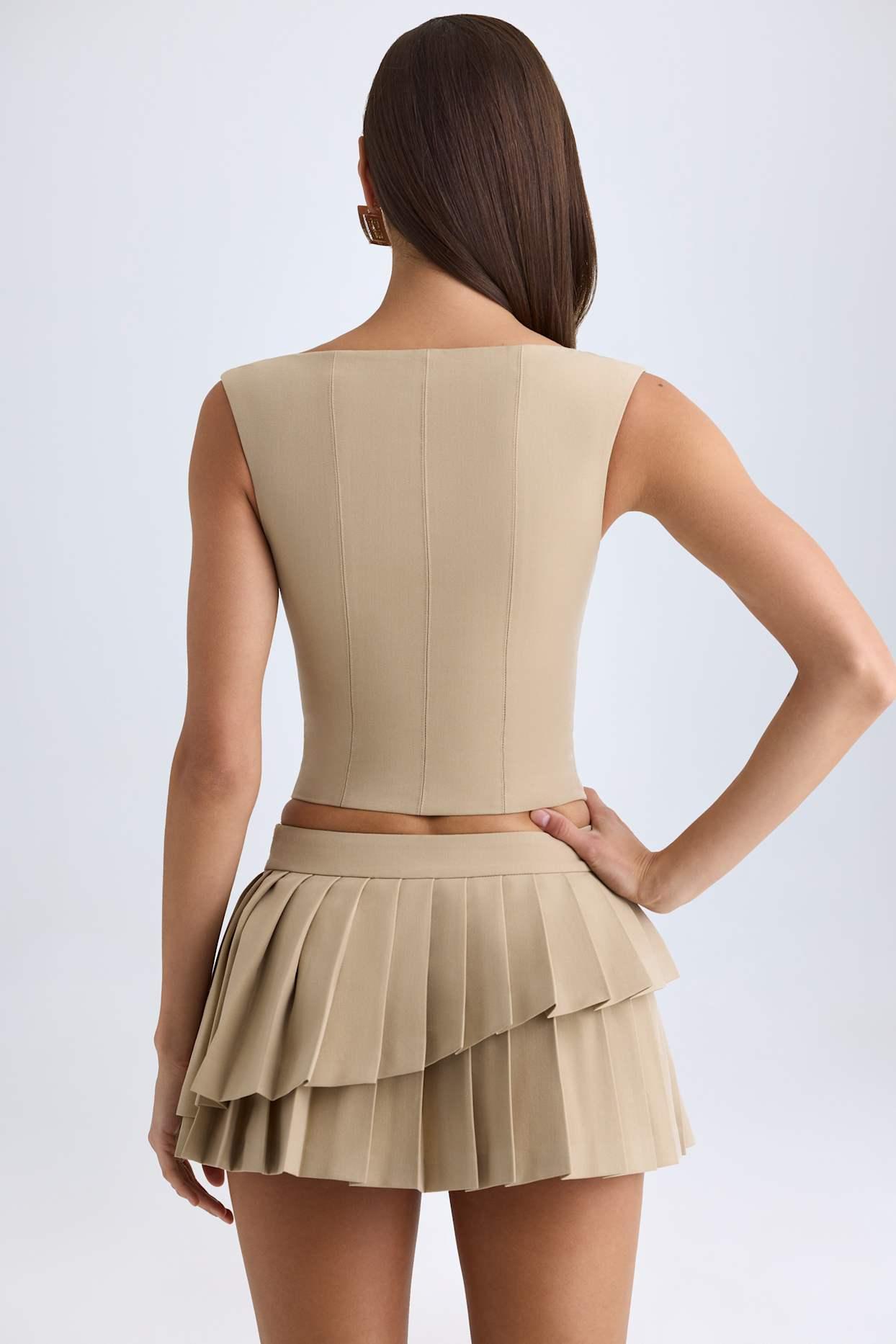 Layered Pleated Low-Rise Mini Skirt in Camel Product Image