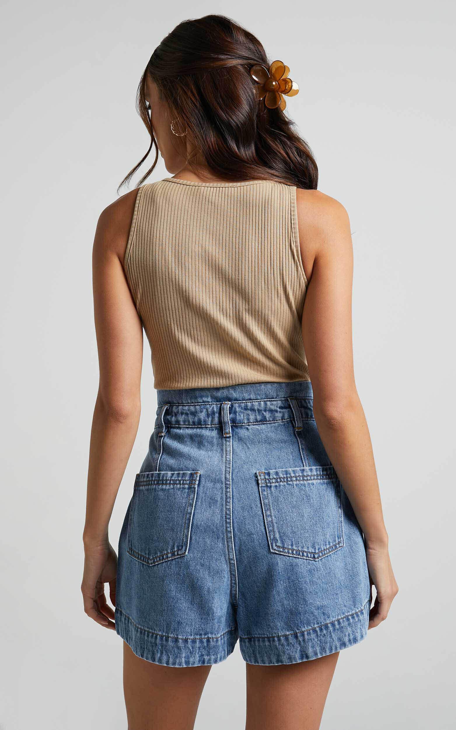 Kayla Shorts - High Waisted A Line Denim Shorts in Mid Blue Wash Product Image