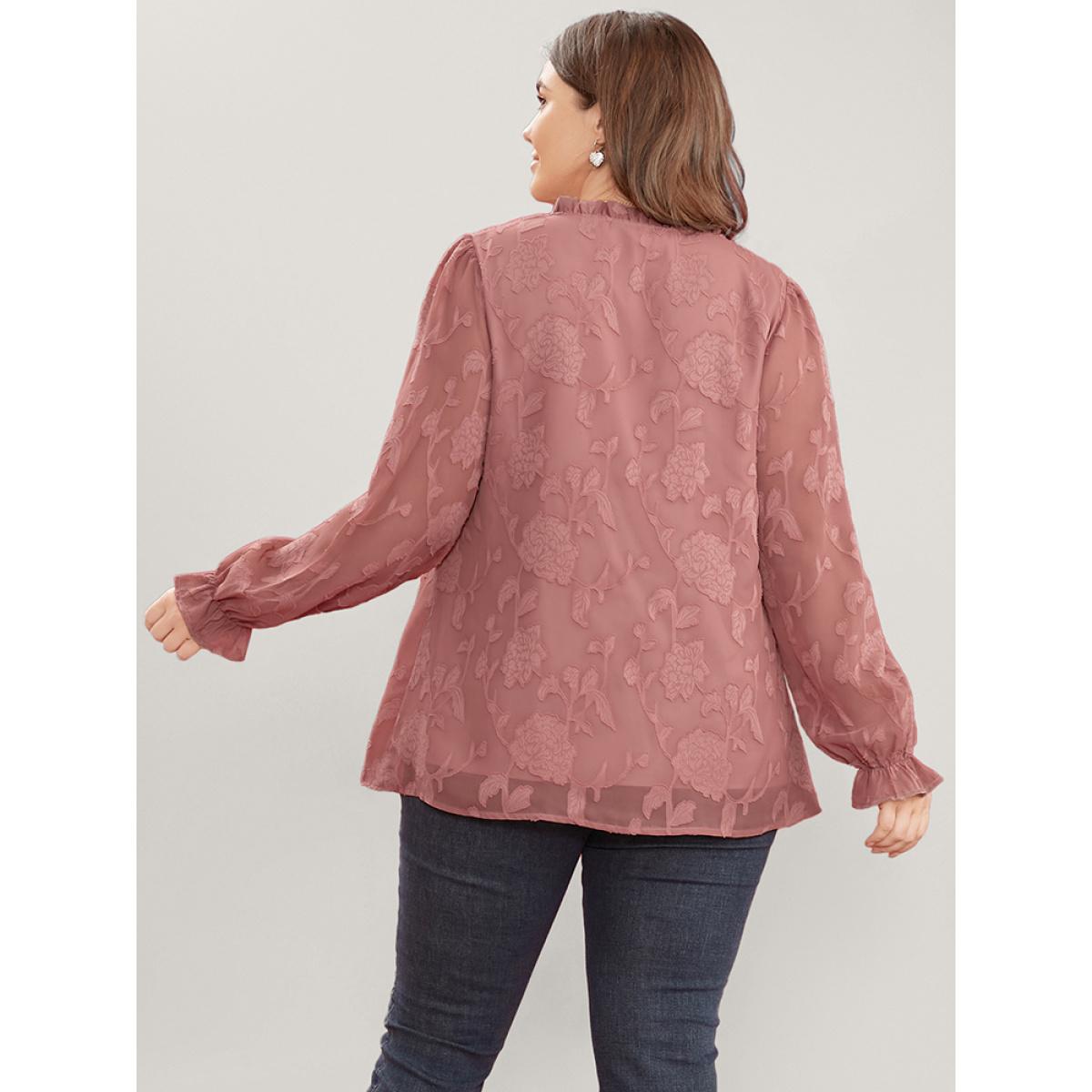 Plus Size DustyPink Floral Print Tie Neck Frill Trim Lantern Sleeve Blouse Women Glamour Long Sleeve V-neck Dailywear Blouses BloomChic 10/M Product Image