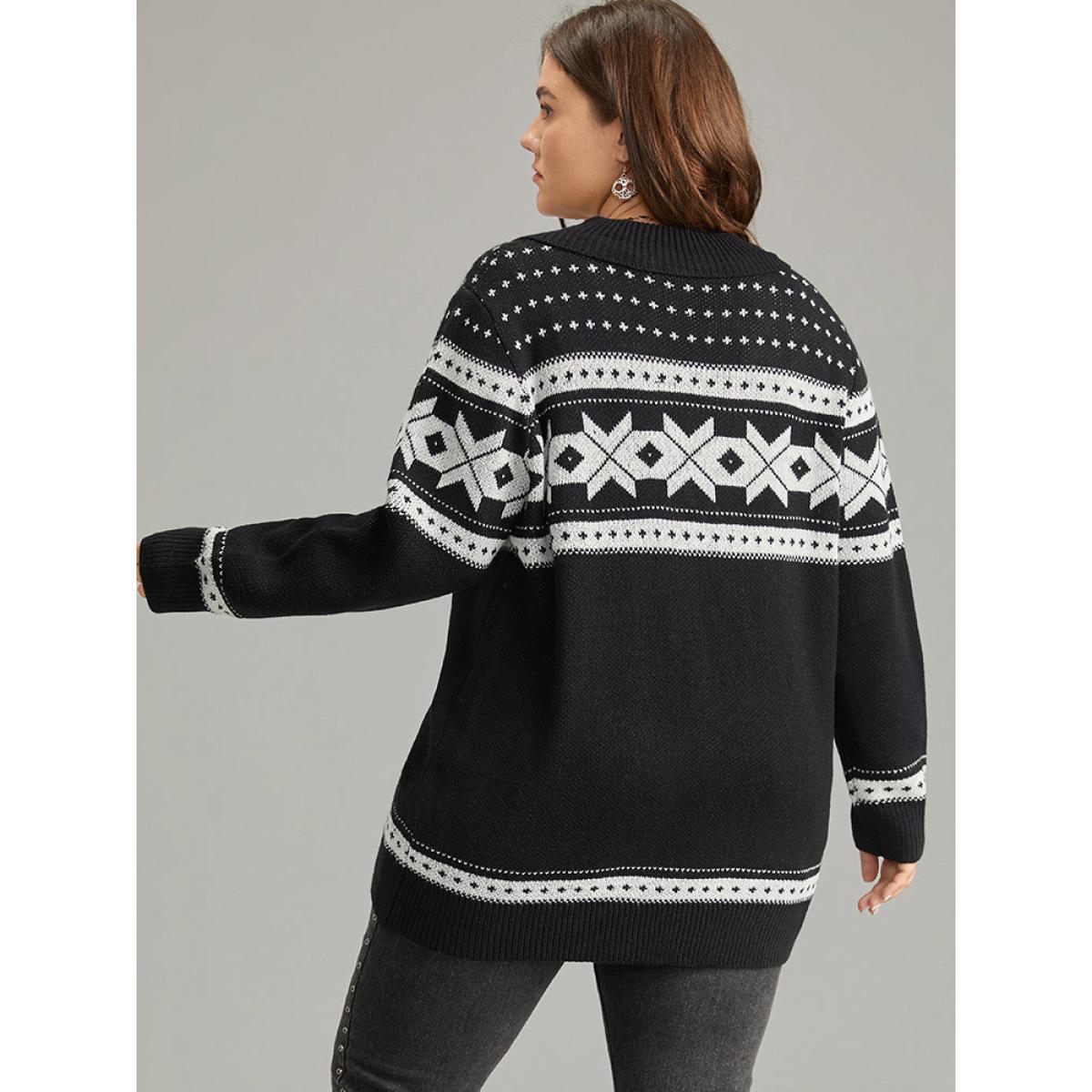 Plus Size Geometric Contrast Button Through Cardigan Black Women Casual Loose Long Sleeve Dailywear Cardigans BloomChic 12/L Product Image