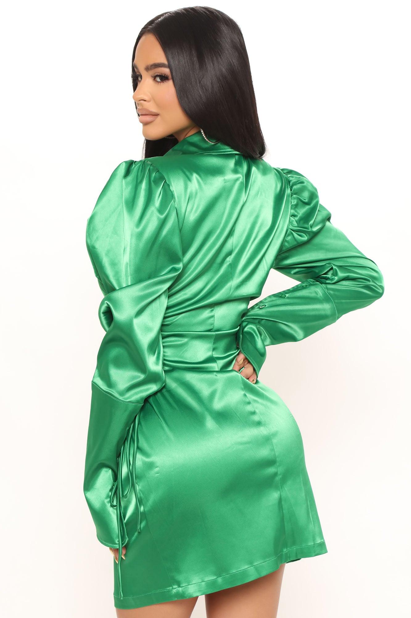 Feelin' Flirtatious Satin Shirt Dress - Green Product Image