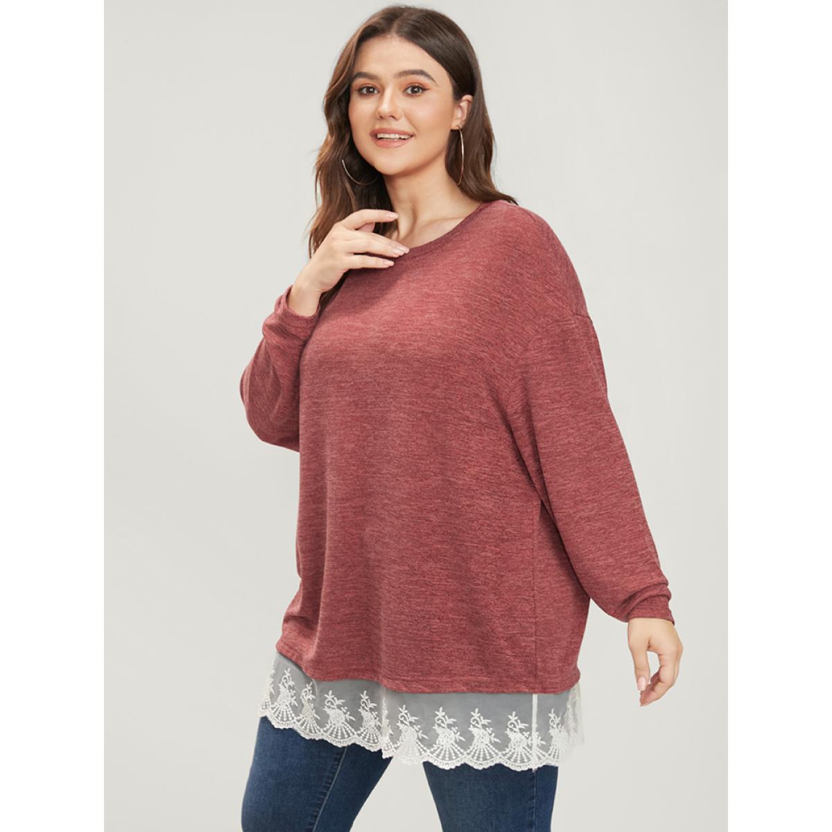 Plus Size Solid Round Neck Lace Hem Long Tee Raspberry Women Elegant Patchwork Plain Round Neck Dailywear T-shirts BloomChic 18-20/2X Product Image
