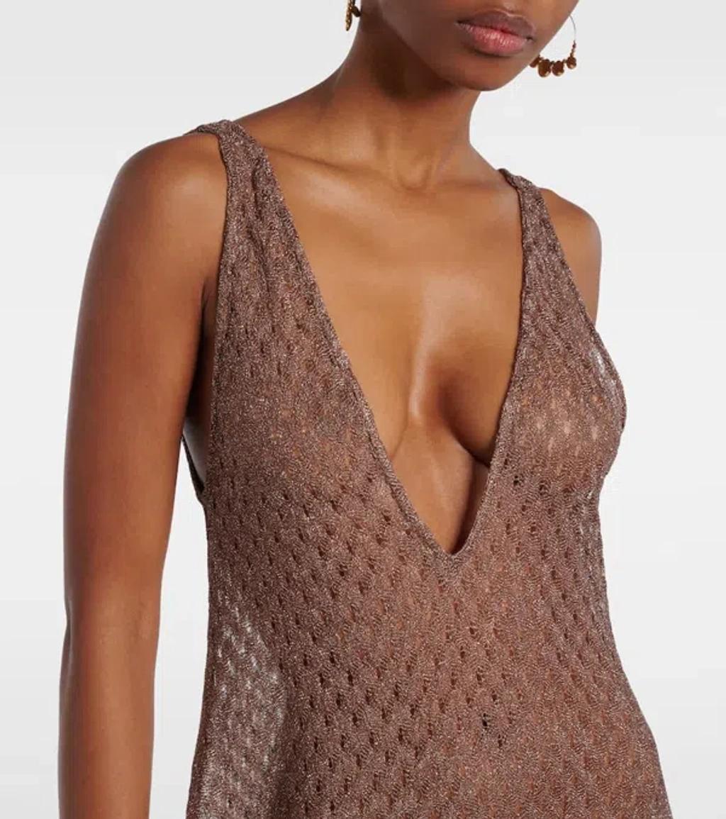 MISSONI Open Knit V-neck Knitted Dress In Brown Product Image