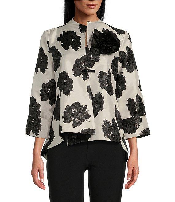 IC Collection Black Rosette Printed High Round Neck Bracelet Length Sleeve Asymmetric Hem One-Button Jacquard Jacket Product Image