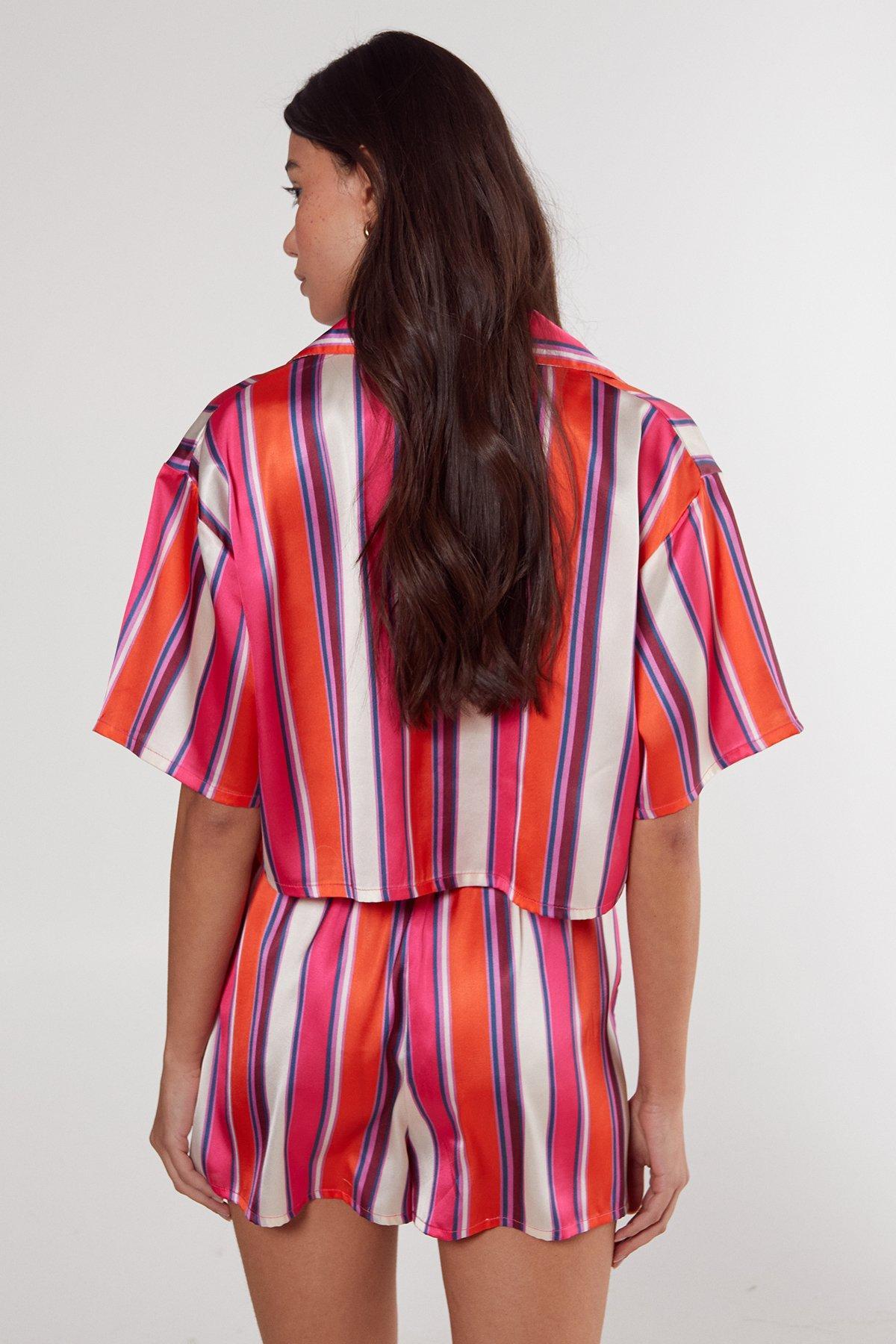 Satin Multi Stripe Cropped Shirt And Shorts Pajama Set Product Image
