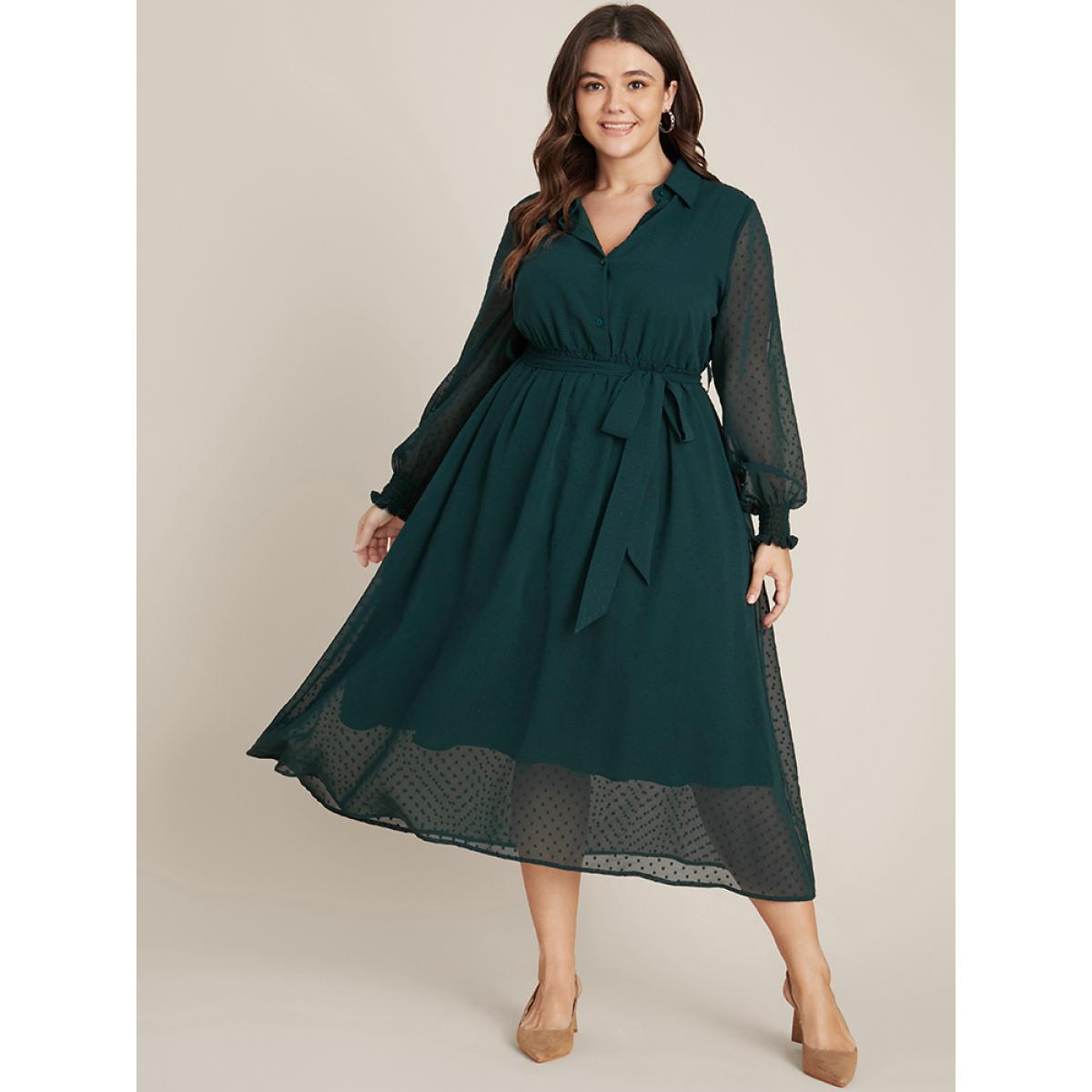 Plus Size Polka Dot Shirred Button Mesh Belted Shirt Collar Dress DarkGreen Women Glamour Elastic Waist Shirt collar Long Sleeve Curvy Midi Dress BloomChic 26/4X Product Image