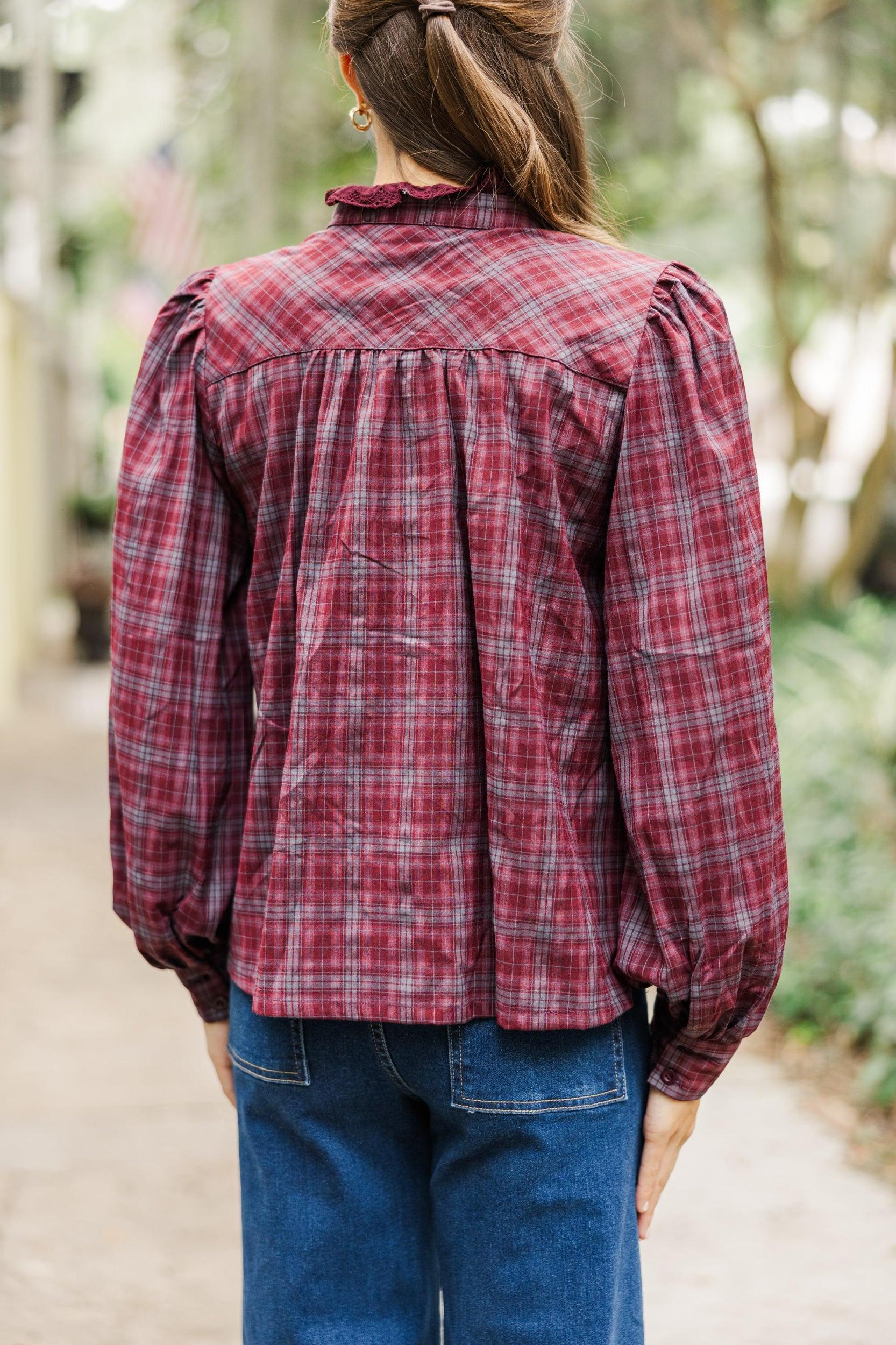 Leave It All Behind Wine Red Plaid Blouse Female Product Image