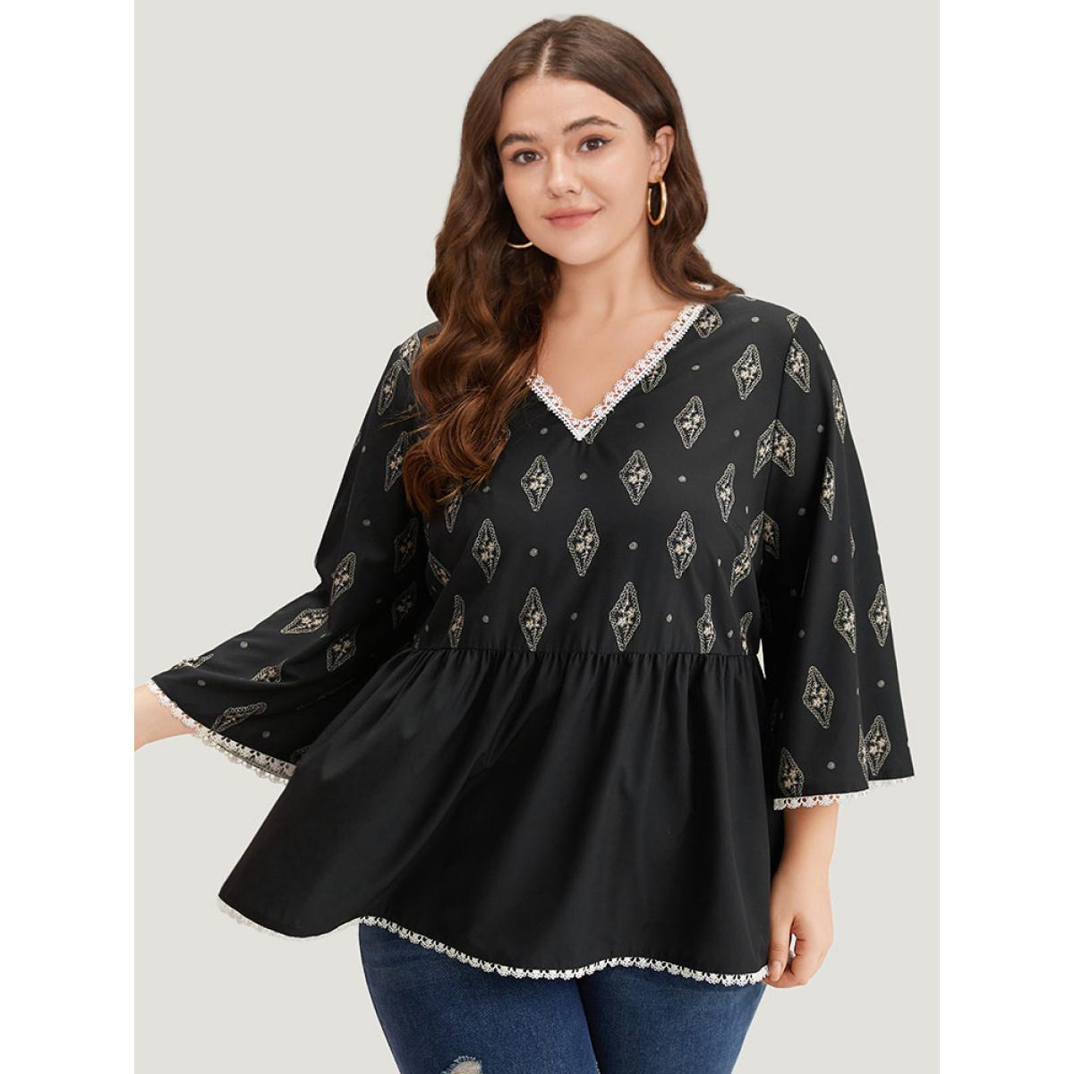 Plus Size Black Boho Print Guipure Lace V Neck Bell Sleeve Blouse Women Vacation Elbow-length sleeve V-neck Dailywear Blouses BloomChic 26/4X Product Image