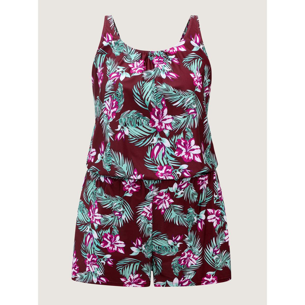 Plus Size Tropical Flower Print Pockets One-Piece Swimsuit Women's Swimwear DarkBlue Resort Gathered Curve Bathing Suits High stretch One Pieces BloomChic 22-24/3X Product Image