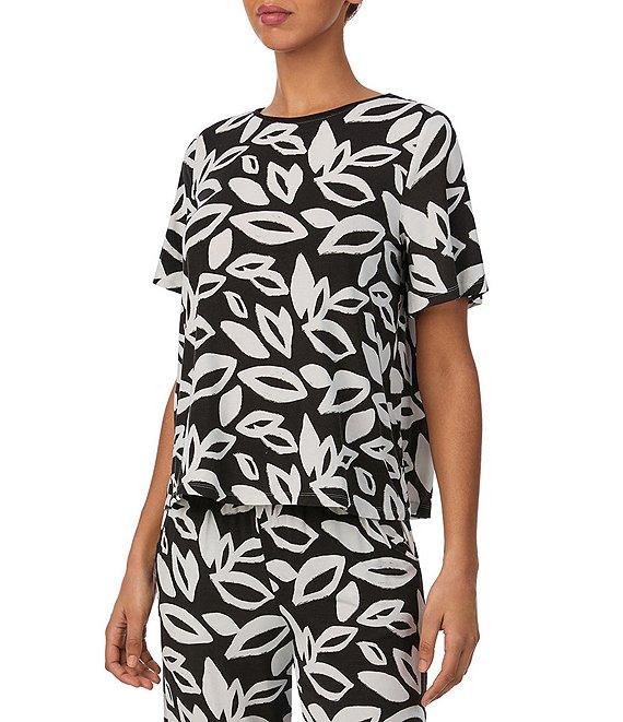 Donna Karan Leaf Print Short Sleeve Boat Neck Knit Coordinating Pajama Top Product Image