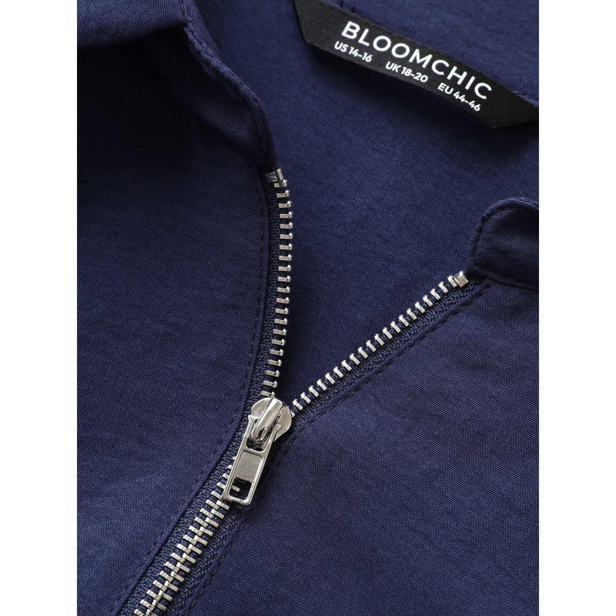 Plus Size Flap Pocket Half Zip Tab Sleeve Dress DarkBlue Women At the Office Gathered Polo Elbow-length sleeve Curvy Midi Dress BloomChic 26/4X Product Image