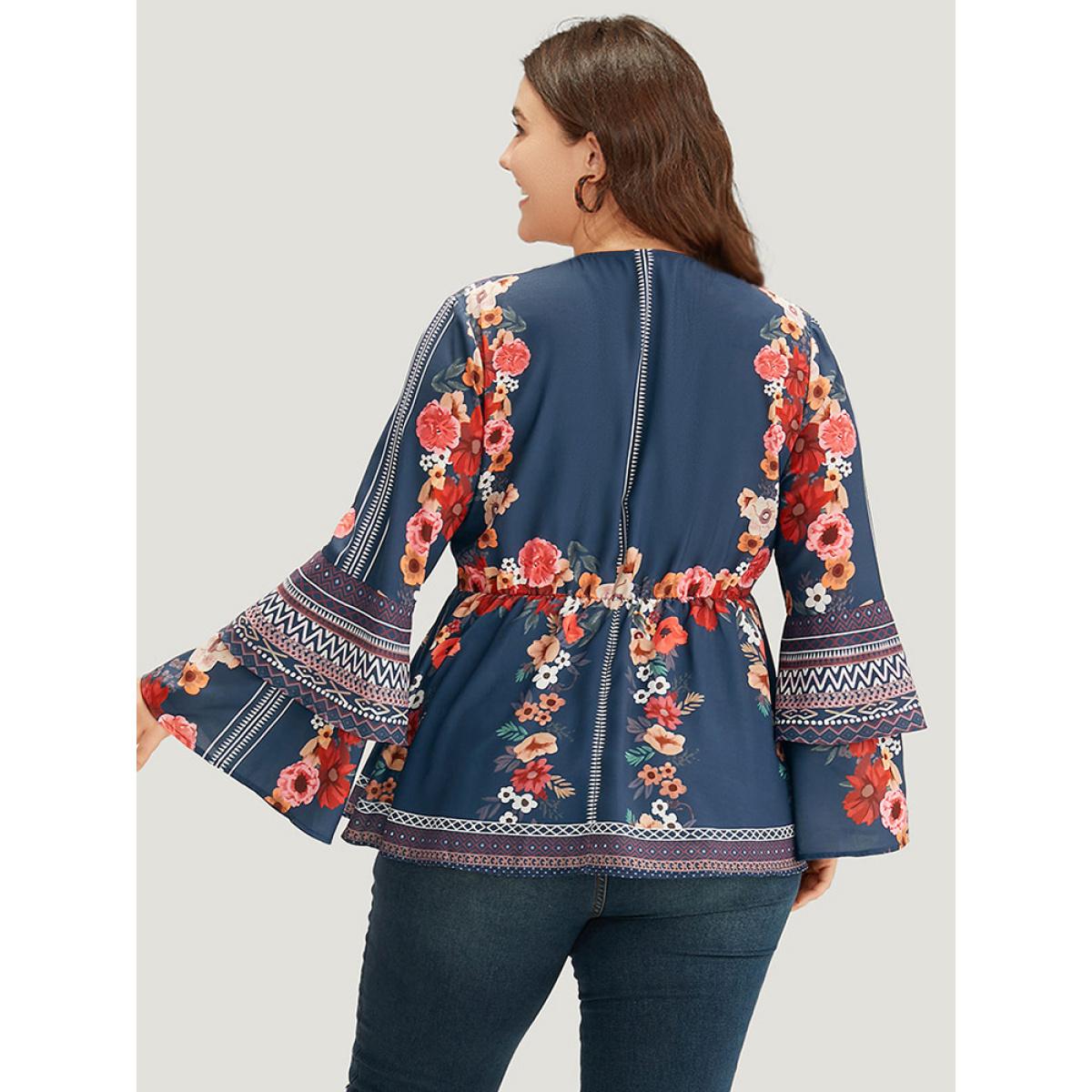Plus Size Stone Boho Print V Neck Elastic Waist Bell Sleeve Blouse Women Vacation Long Sleeve V-neck Vacation Blouses BloomChic 28/5X Product Image