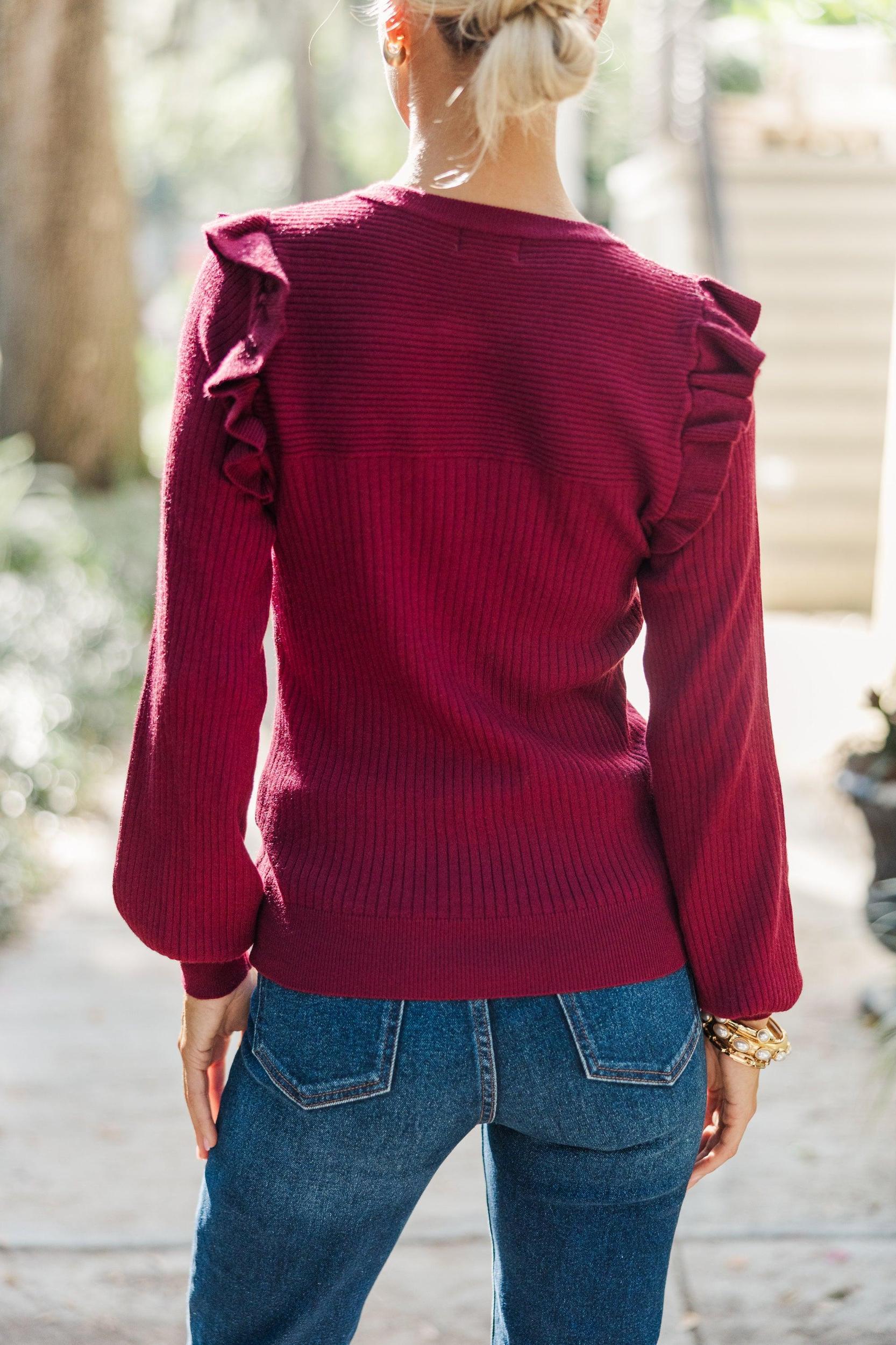 Reach Out Wine Red Ruffled Sweater Female Product Image