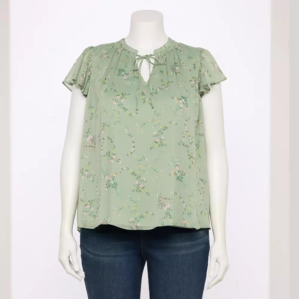 Plus Size LC Lauren Conrad Tie Front Ruffled V-Neck Shell, Women's, Size: 3XL, Green Fleurs Astrid Product Image