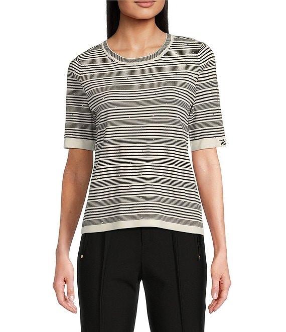 KARL LAGERFELD PARIS Knit Stripe Crew Neck Short Sleeve Contrast Trim Sweater Product Image