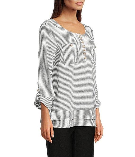 Ali Miles Woven Yarn-Dyed Linen Blend Scoop Neck 3/4 Roll-Tab Sleeve Tunic Product Image