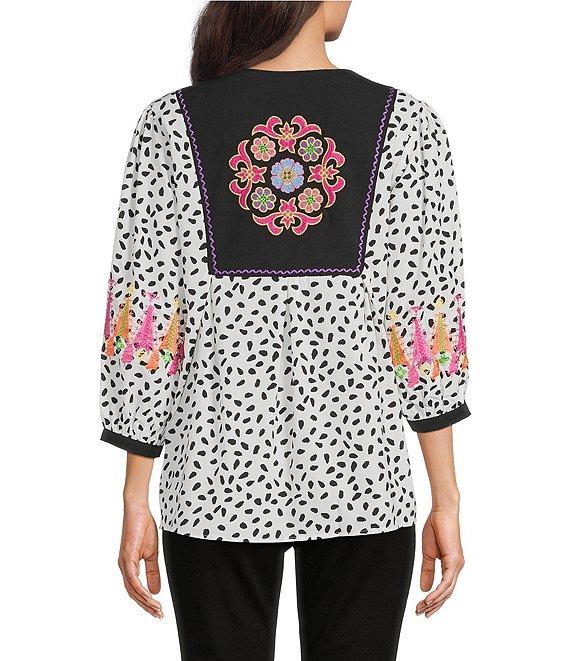 Calessa Embroidered Floral Round Split Neck 3/4 Sleeve Tassel Tie Tunic Product Image