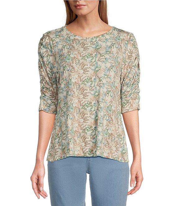 Intro Knit Jersey Vine Print Crew Neck Elbow Puff Sleeve Top Product Image