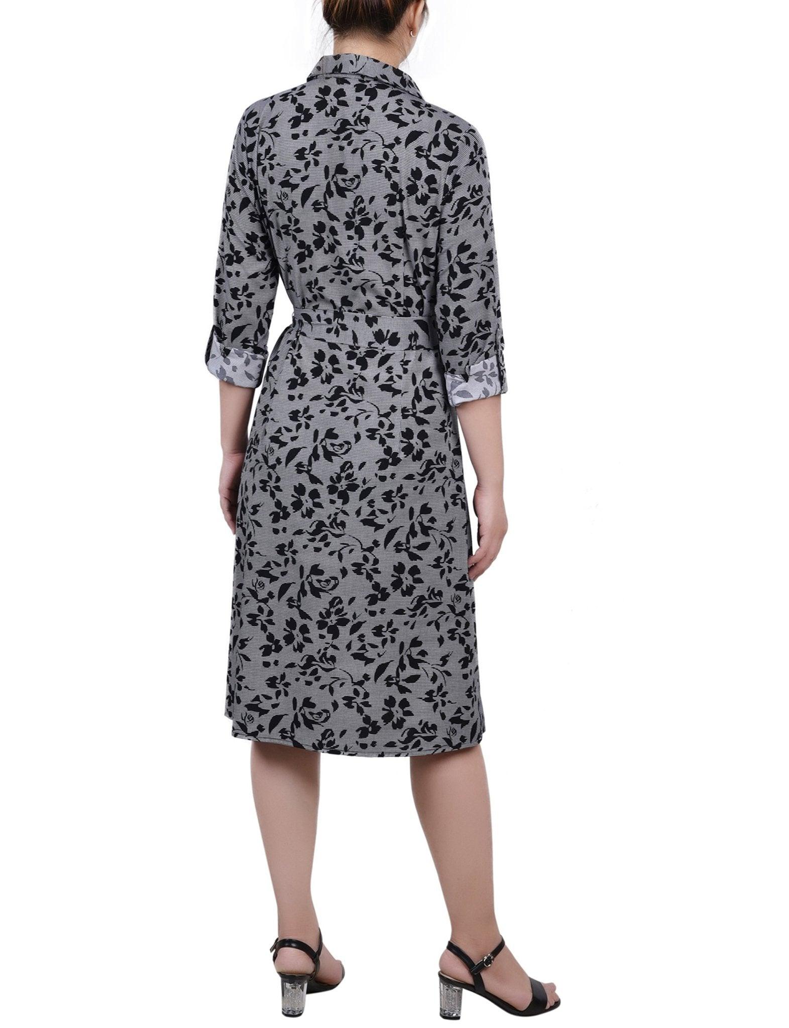 Cypress Inca Gold Navy Zigzag 3/4 Roll Tab Sleeve Belted Shirtdress - Petite Product Image