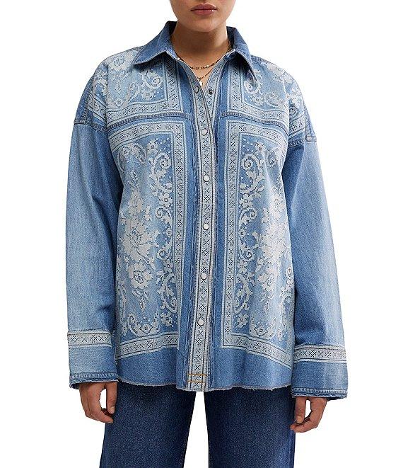 Free People We The Free Lace Embroidered Denim Point Collar Neck Long Sleeve Button Front Top Product Image