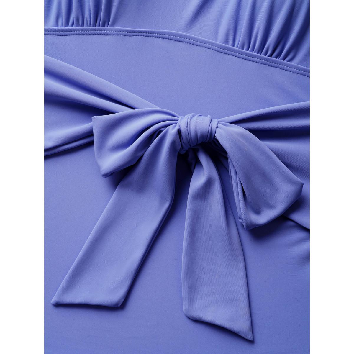 Plus Size Square Neck Tie Knot Gathered One Piece Swimsuit Women's Swimwear Bluepurple Beach Tie knot Curve Bathing Suits High stretch One Pieces BloomChic 10/M Product Image