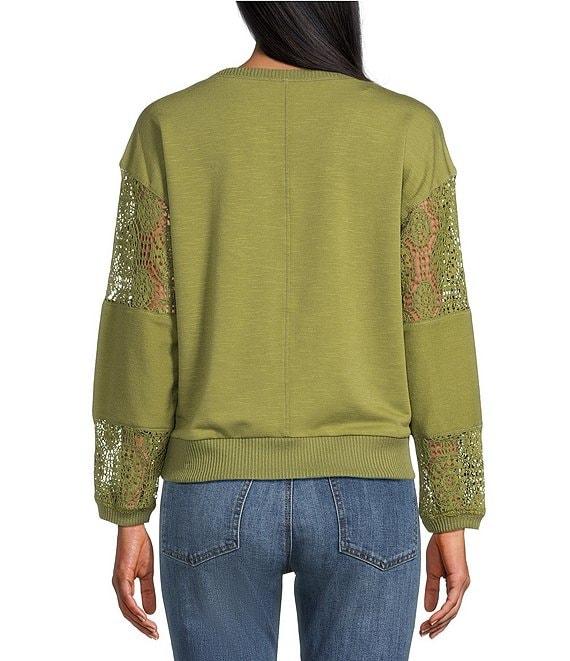 Nurture Petite French Terry Lace & Rib V-Neck Drop Shoulder Front Pocket Knit Pullover Product Image