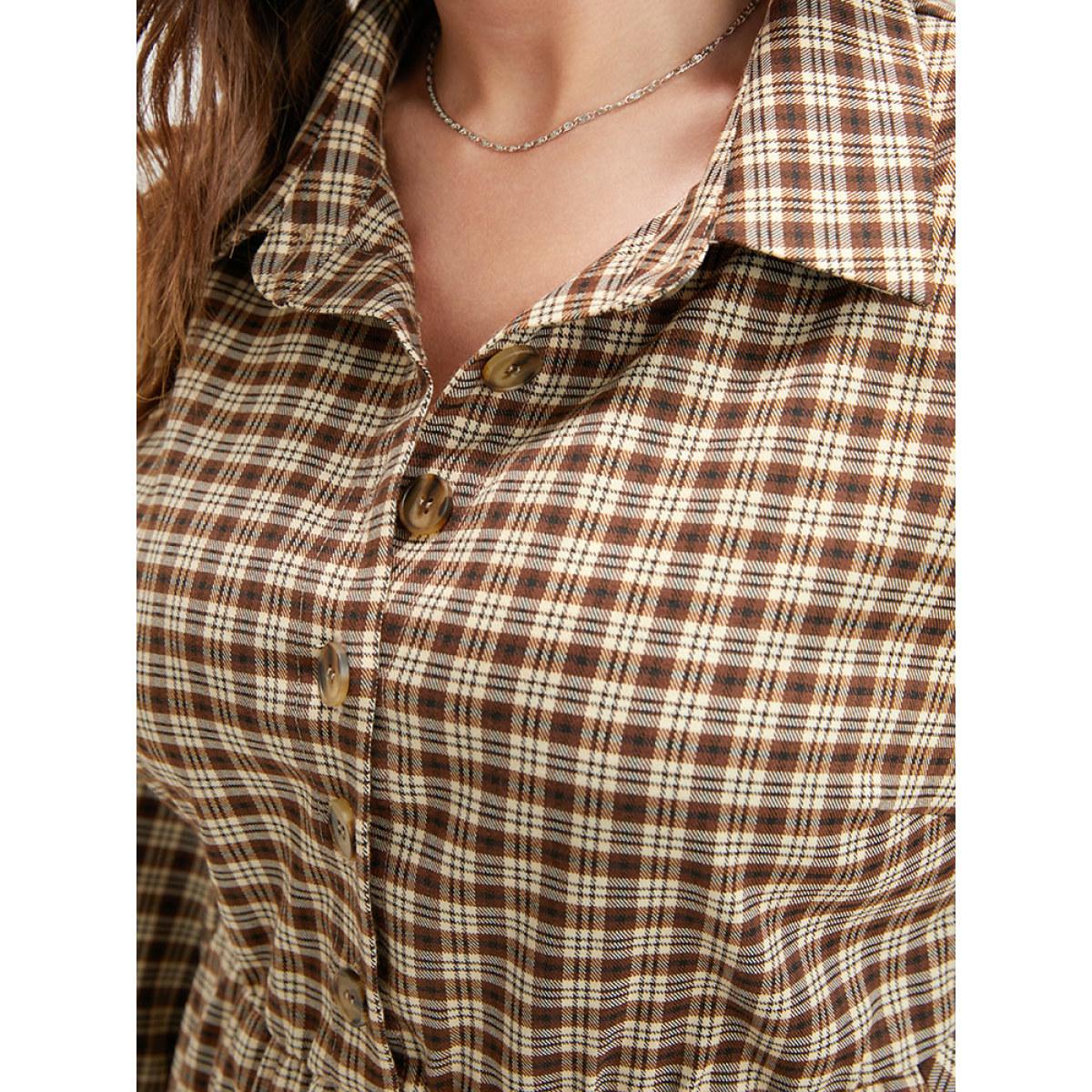 Plus Size Gingham Pocket Button Up Shirt Collar Dress Without Belt Bronze Women Office Pocket Shirt collar Long Sleeve Curvy Midi Dress BloomChic 26/4X Product Image