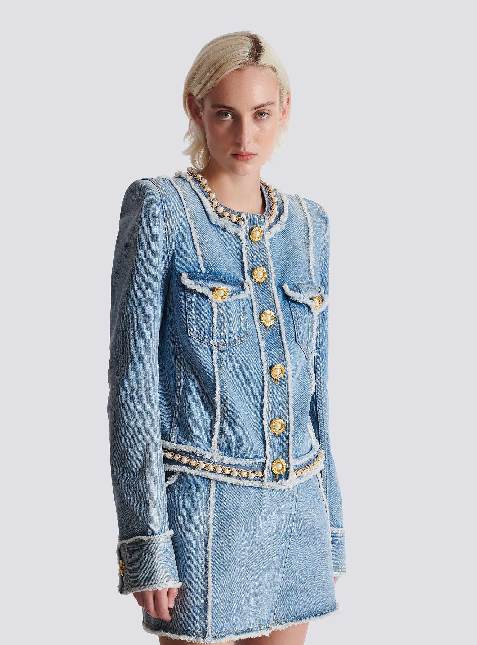 Denim jacket with pearl trim Product Image
