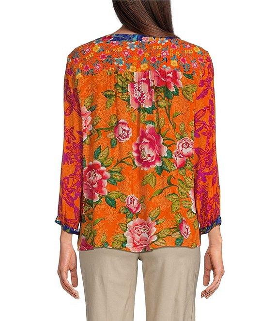 John Mark Printed Split V-Neck 3/4 Sleeve Button Front Blouse Product Image