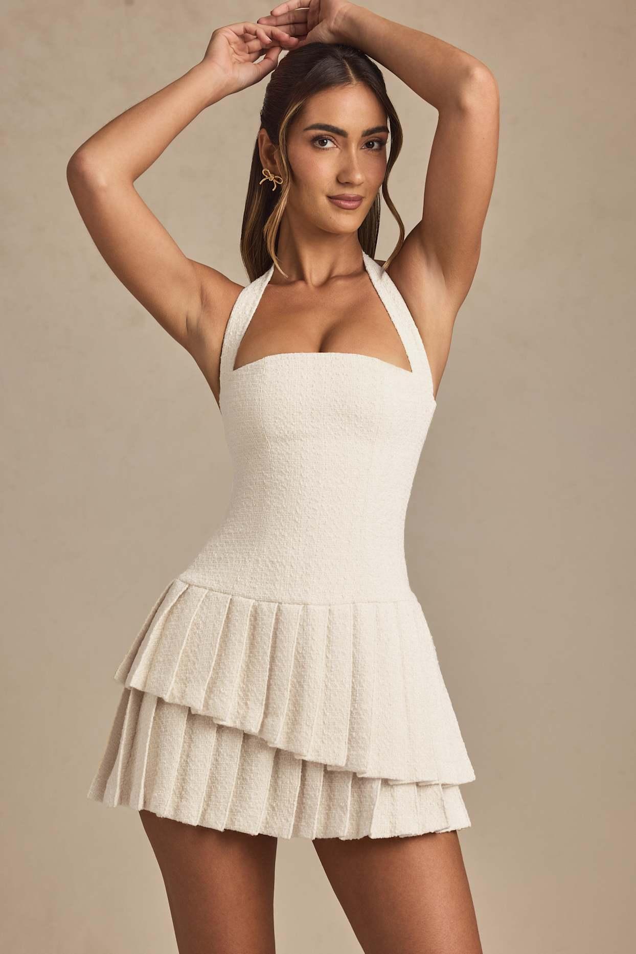 Asymmetric Layered Halterneck Mini Dress in Ivory Product Image