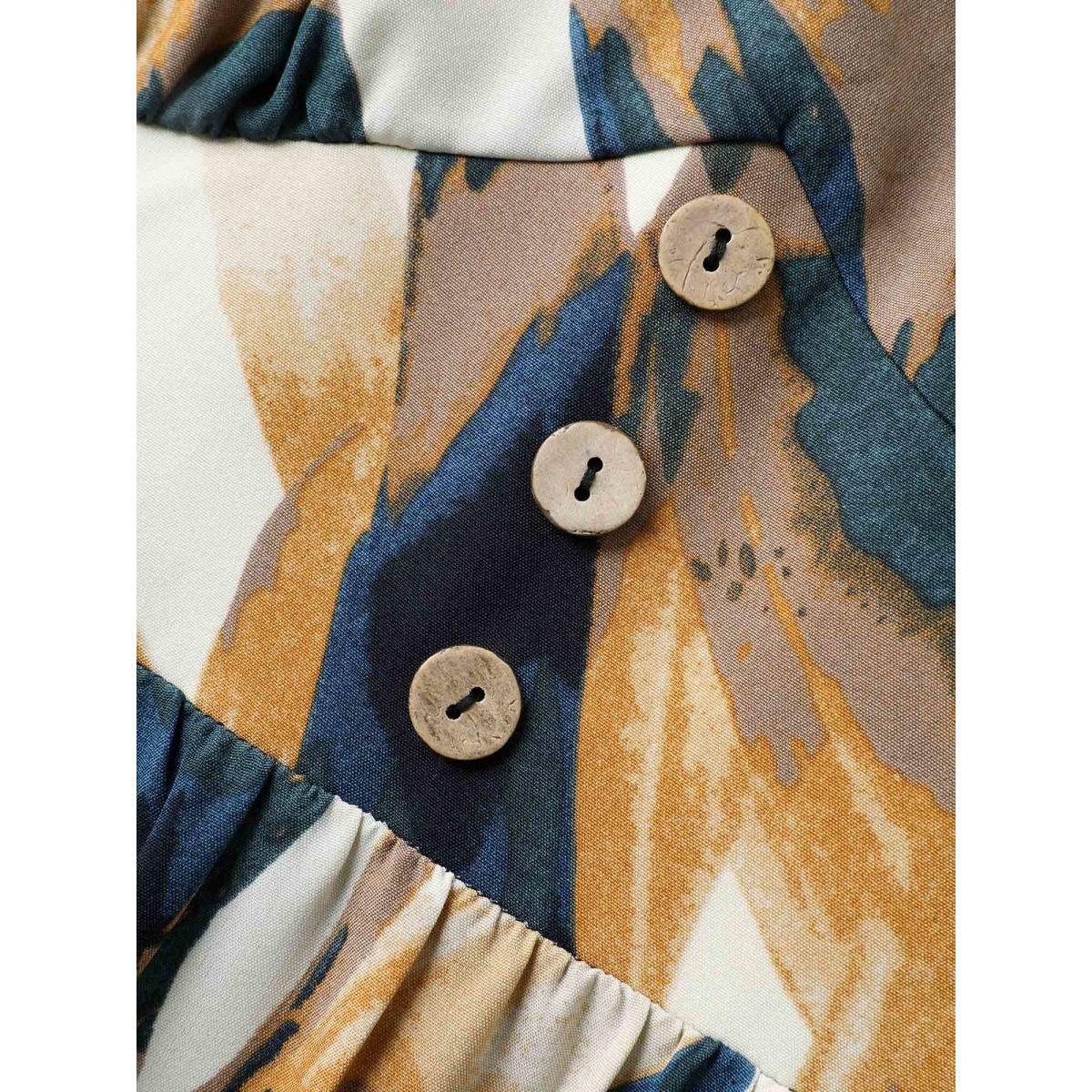 Plus Size Abstract Print Triangular Waist Midi Dress Multicolor Women Button Overlap Collar Short sleeve Curvy BloomChic 22-24/3X Product Image