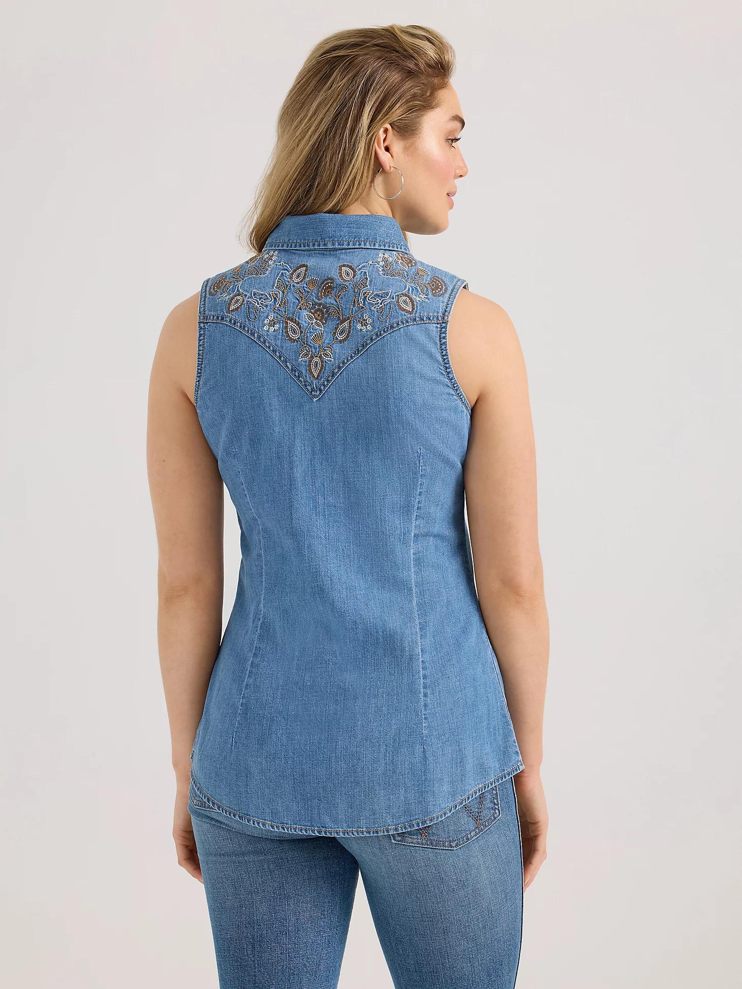 Women's Wrangler Embellished Denim Sleeveless Snap Shirt | Women's TOPS | Wrangler® Product Image