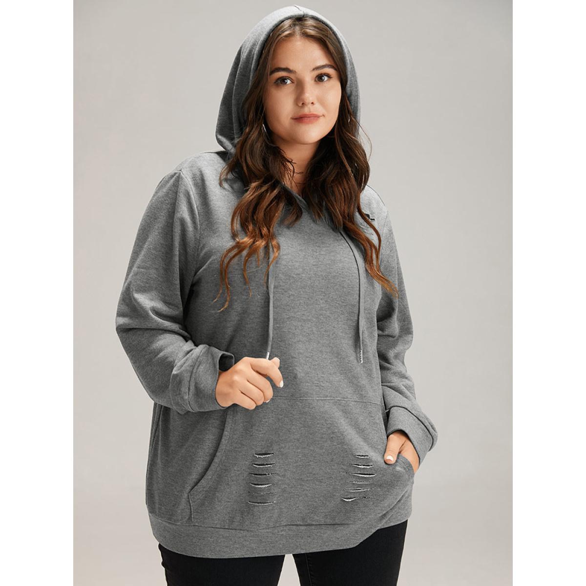 Plus Size Plain Distressed Hooded Drawstring Sweatshirt Women DimGray Casual Elastic cuffs Hooded Dailywear Sweatshirts BloomChic 30/6X Product Image