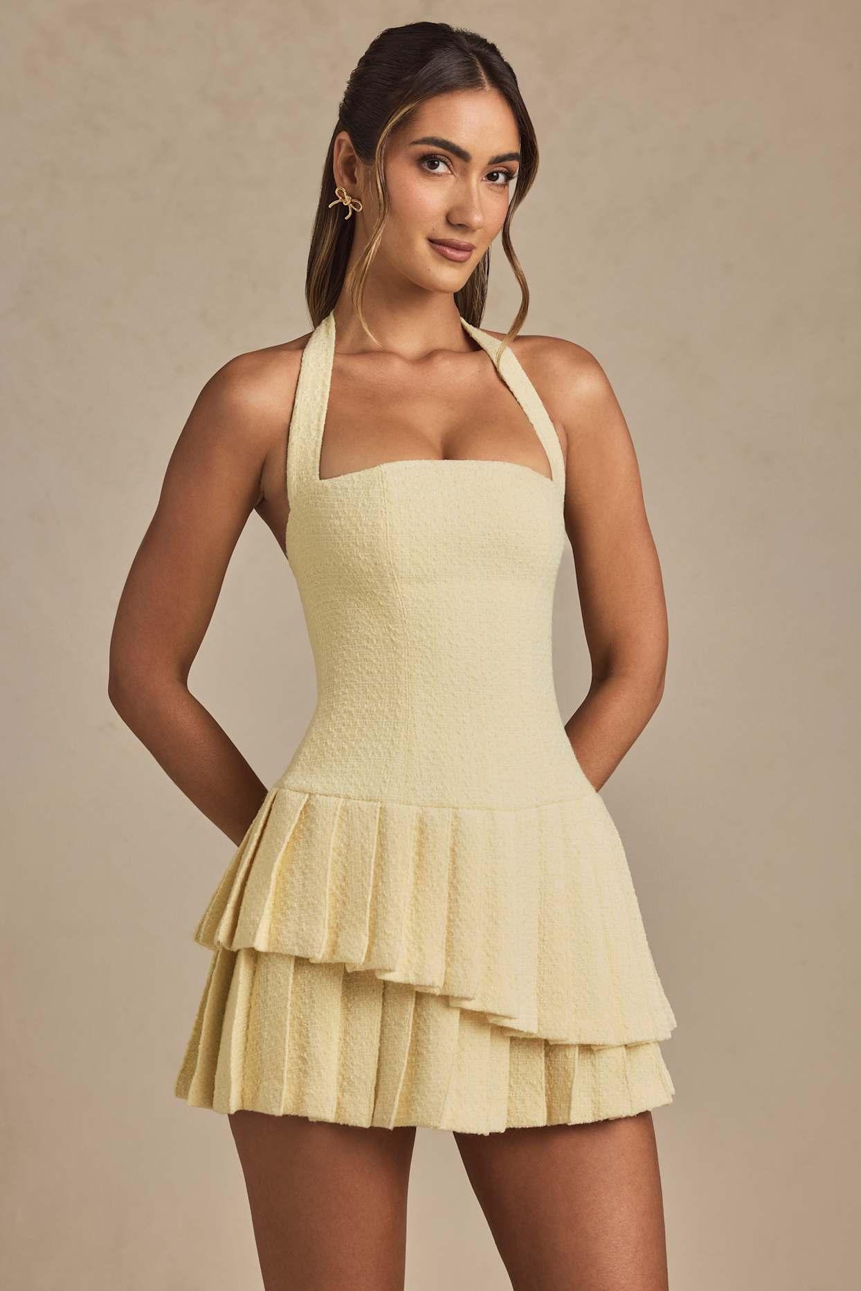 Asymmetric Layered Halterneck Mini Dress in Pastel Yellow Product Image