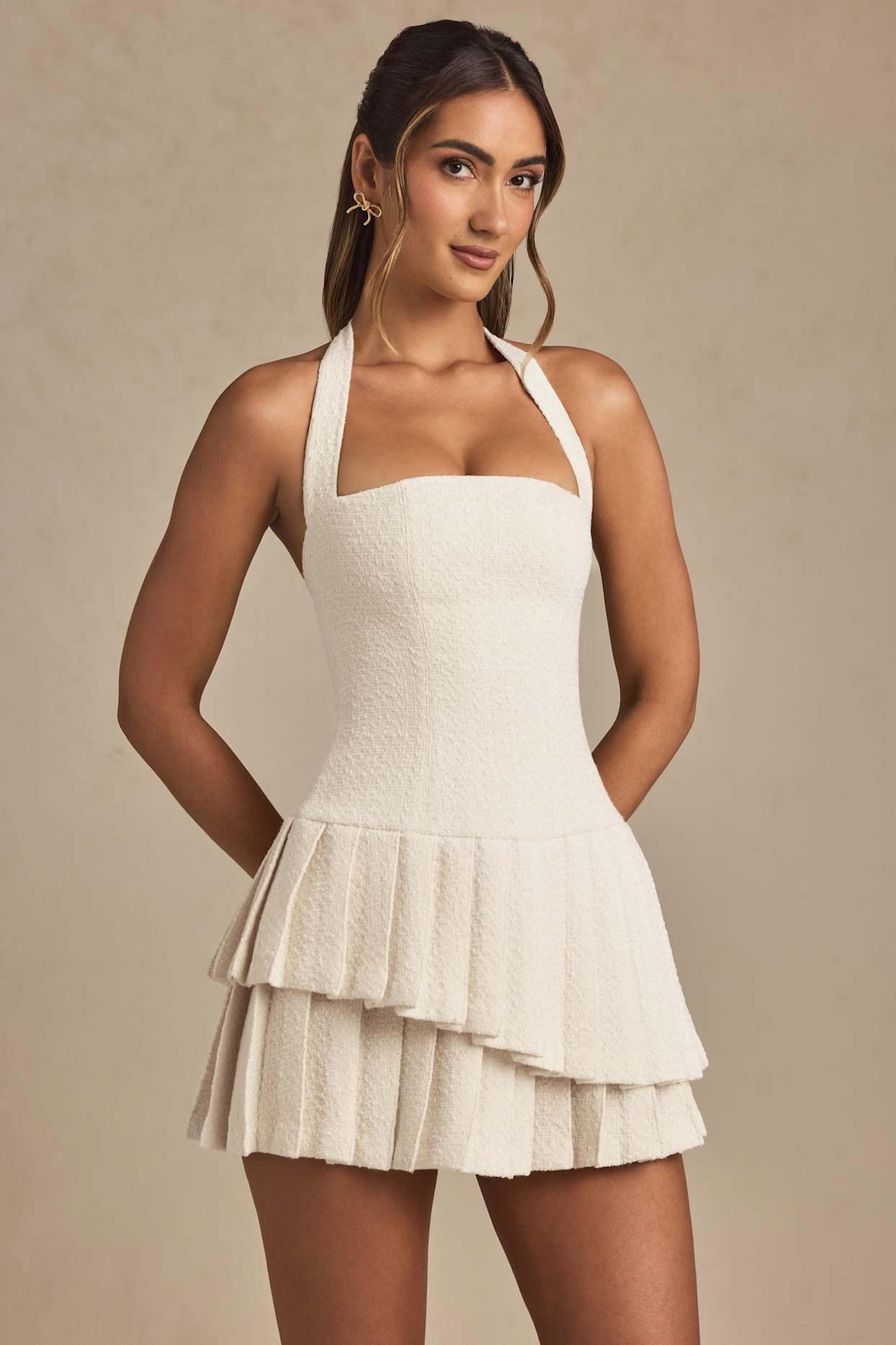Asymmetric Layered Halterneck Mini Dress in Ivory Product Image
