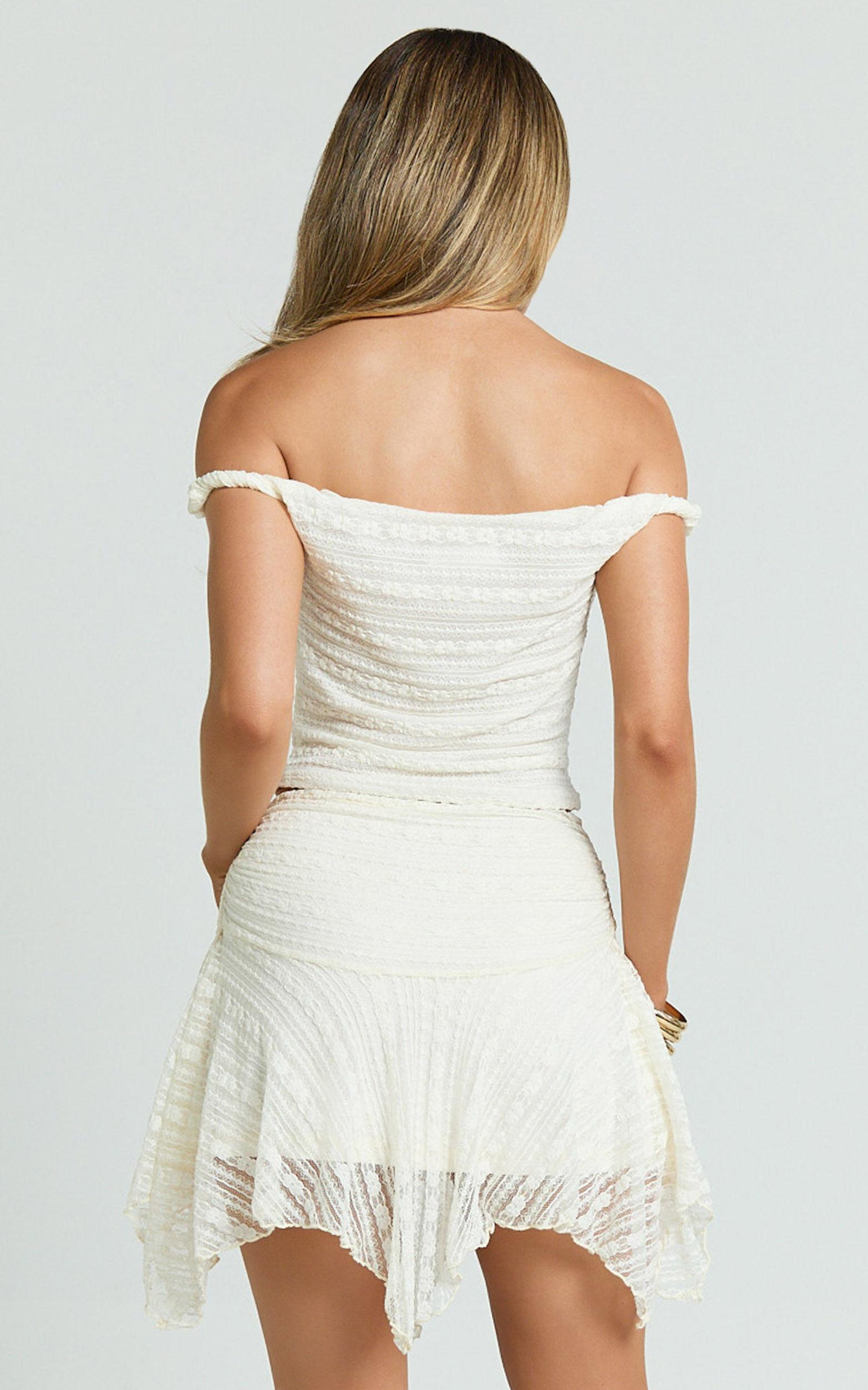 Sarah Mini Skirt - Lace Asymmetric Low Waist Skirt in Off White Product Image