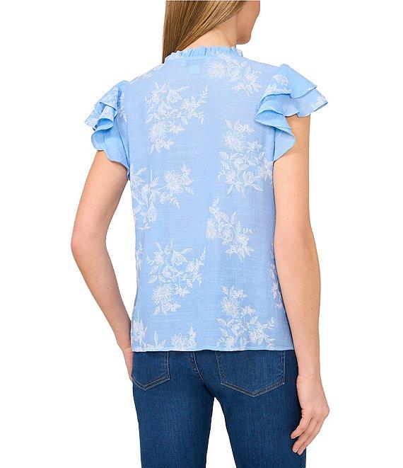 CeCe Woven Floral Print Split Round Neck Flutter Sleeve Tie Front Blouse Product Image