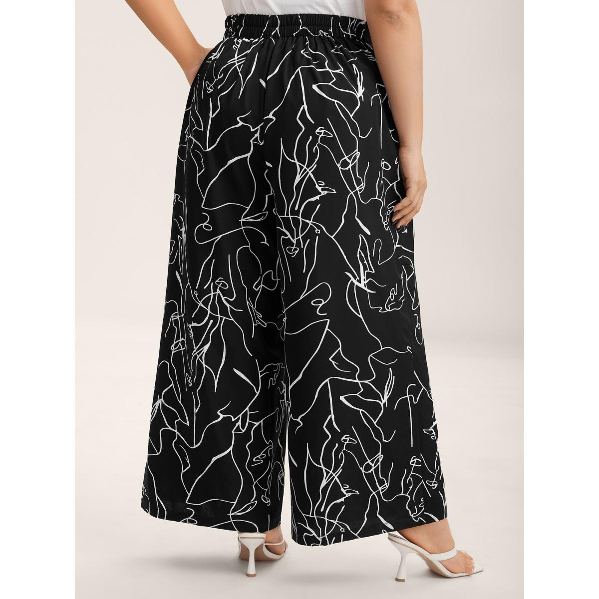 Plus Size Abstract Print Flowy Wide-Leg Pants Women Black Office Wide Leg Mid Rise Office Pants BloomChic 12/L Product Image
