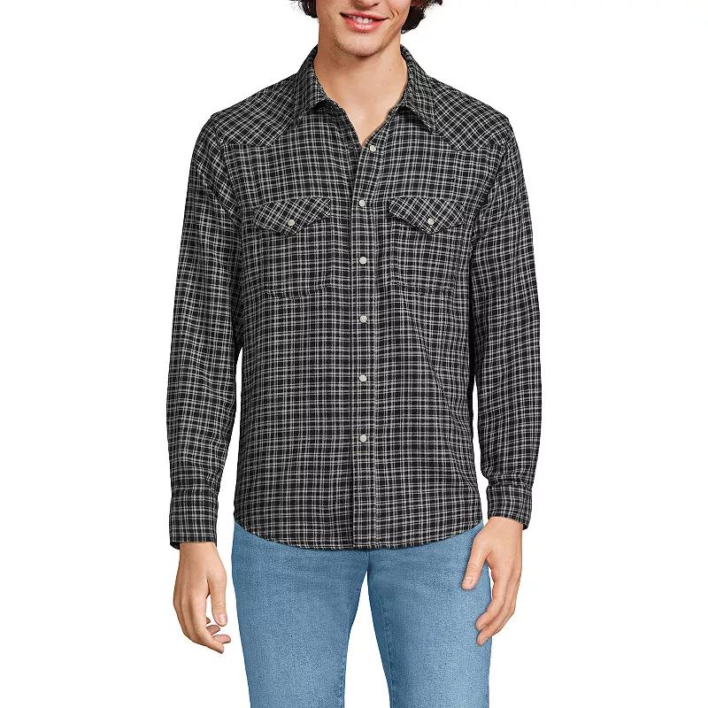 Men's Lands' End Plaid Western-Style Shirt, Size: XL, Black Gray Plaid Product Image