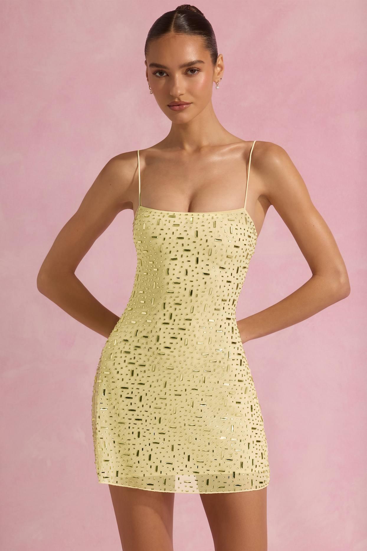 Sheer Embellished Square-Neck Mini Dress in Yellow Product Image