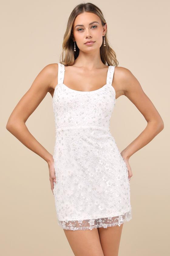 Dazzling Forever White Sequin Beaded Bodycon Mini Dress Product Image