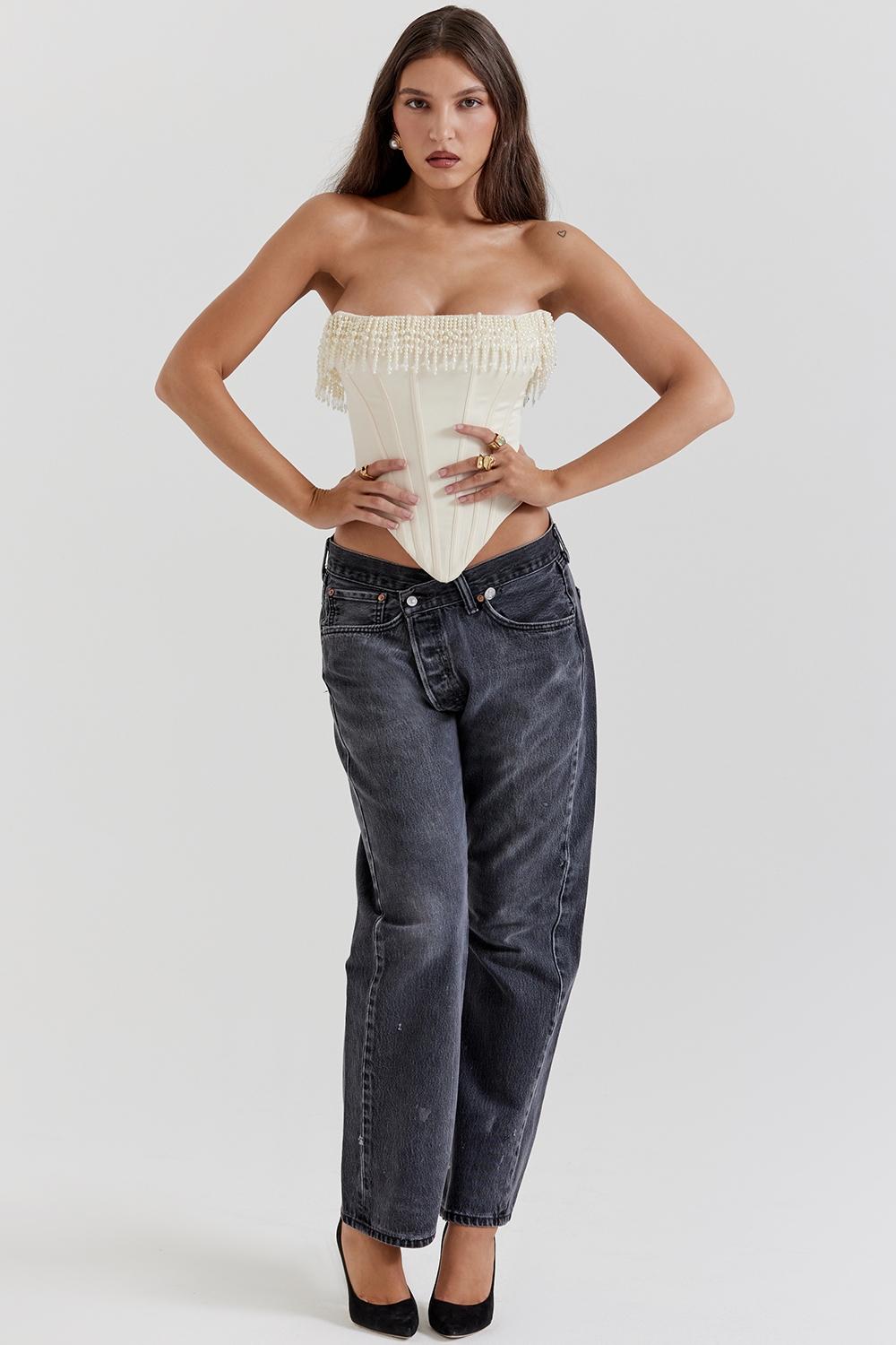 Aubrie  vintage cream embellished satin corset Product Image