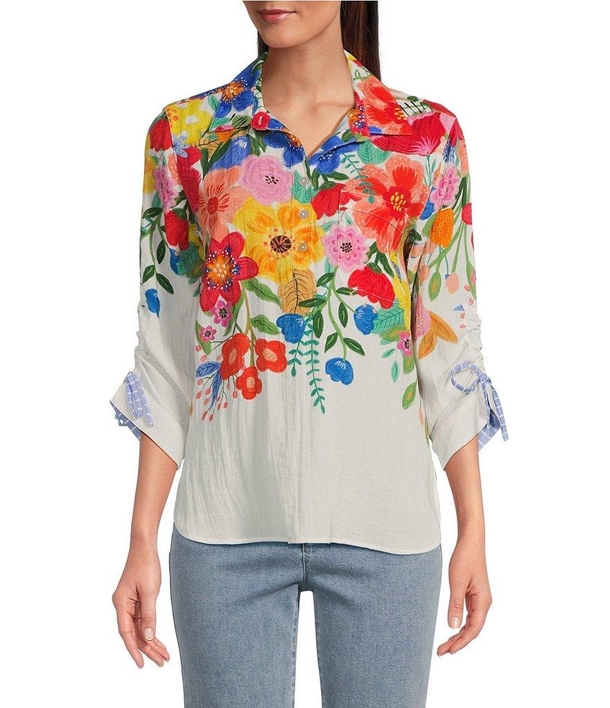 John Mark Petite Size Floral Point Collar 3/4 Cinched Tie Sleeve Top Product Image