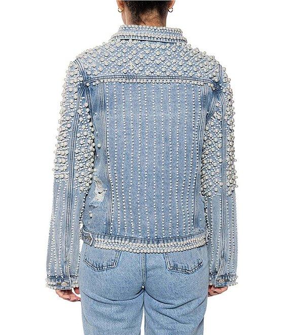 Azalea Wang Alara Pearl Embellished Collared Cropped Denim Jacket Product Image