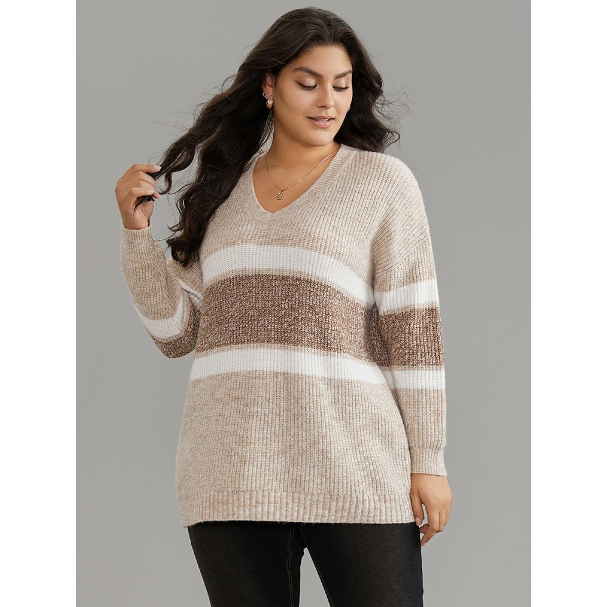 Plus Size Supersoft Essentials Colorblock Contrast V Neck Knit Pullover LightBrown Women Casual Loose Long Sleeve V-neck Dailywear Pullovers BloomChic 26/4X Product Image